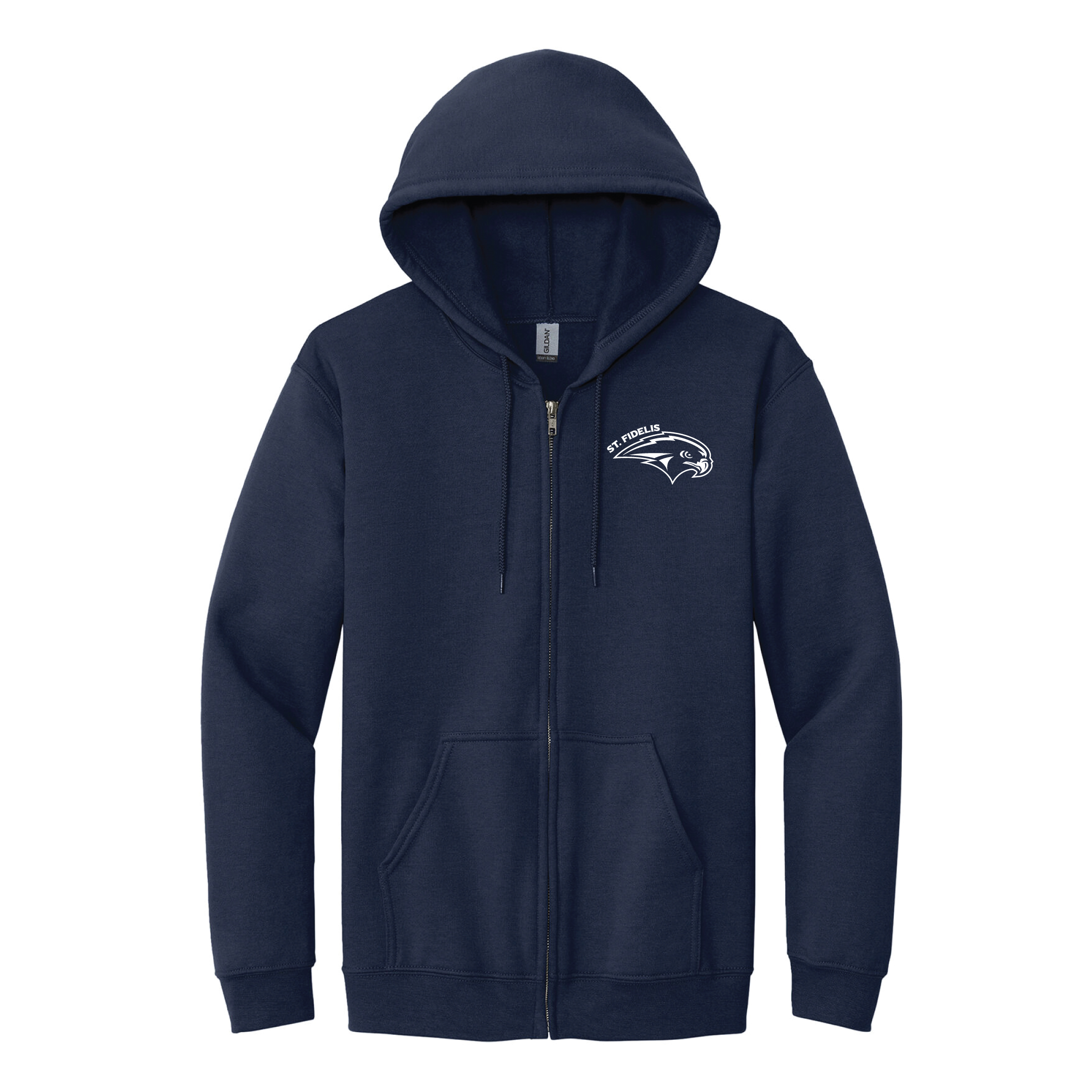 Navy blue zip-up hoodie with a small logo on the left chest area